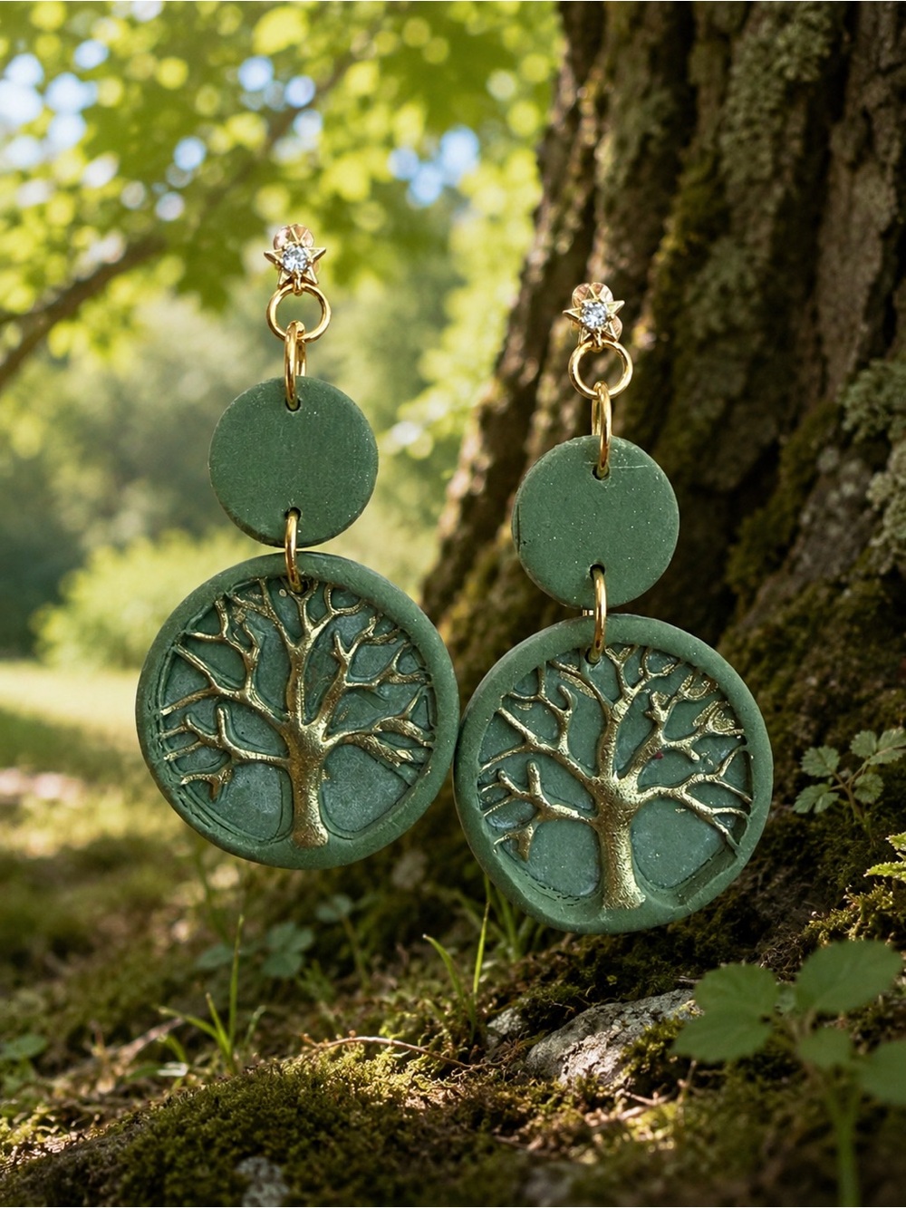 Green Tree of Life Drop Handmade Polymer Clay Earrings - Women Jewelry